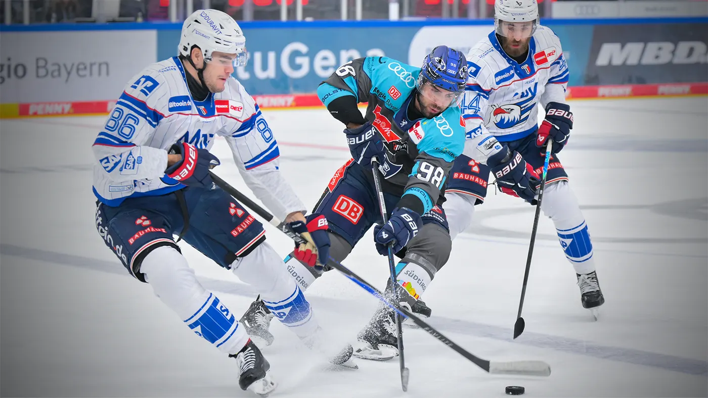 Peter Abbandonato (98) vom ERC Ingolstadt im Zweikampf mit zwei Adlern Mannheim um den Puck