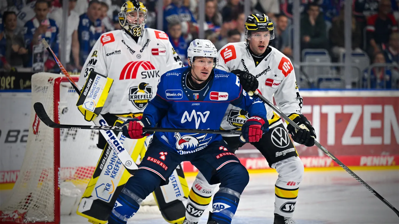 Adler Mannheim vor dem Tor der Krefeld Pinguine